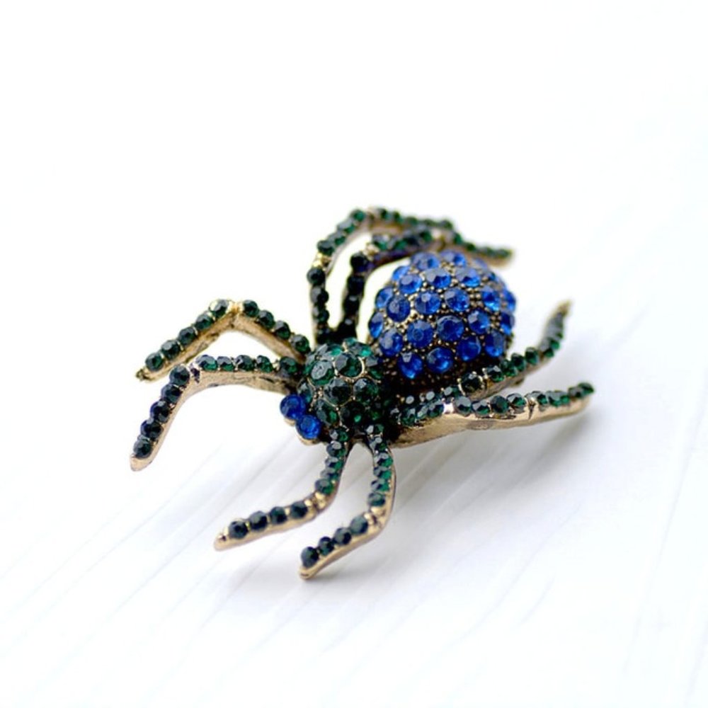 Blue Rhinestone Spider Bug Pin Broach - Picture 1 of 2